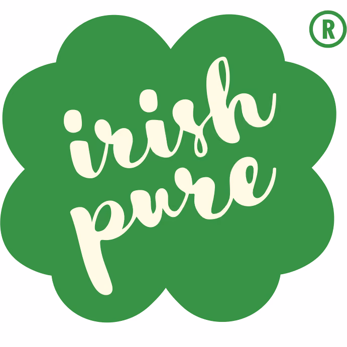 Green clover shape with cream text reading 'irish pure' and a registered trademark symbol.