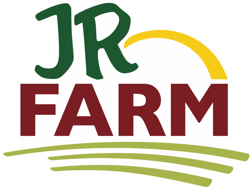 Logo with green JR above maroon FARM, a yellow arc, and green stylized fields beneath.