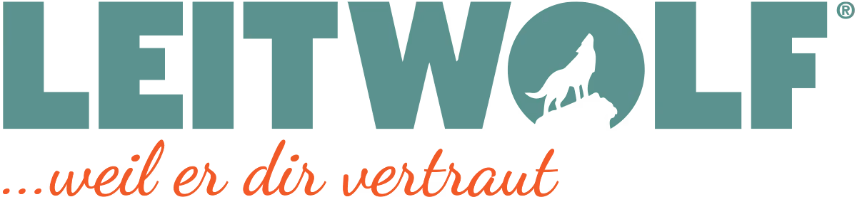 Logo with text LEITWOLF in green and a wolf silhouette howling on a rock in the letter O.