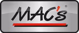 MAC's brand logo with stylized black text and a red apostrophe on a gray background.