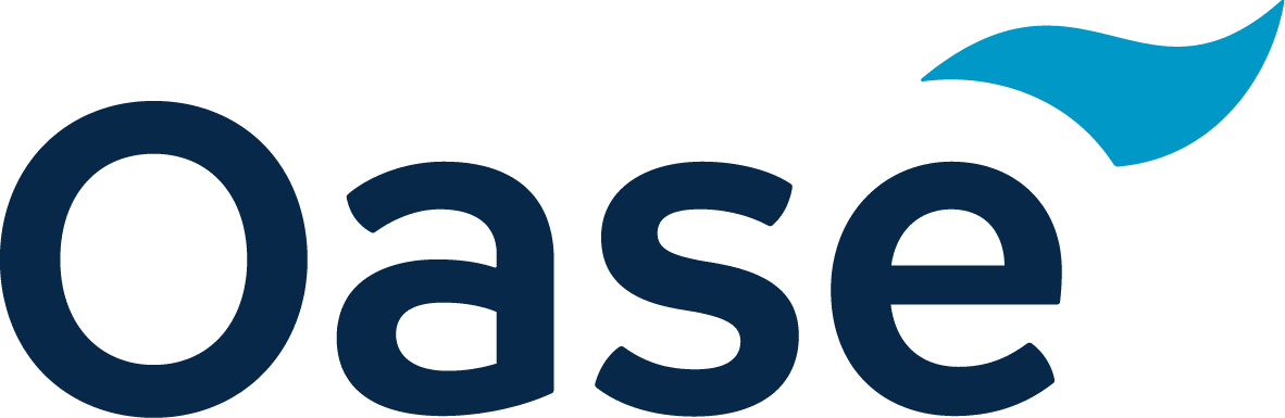 Oase brand logo with stylized text and a blue leaf shape above the letter e.