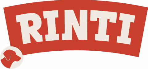 RINTI text with dog head icon in a circular badge on red background.