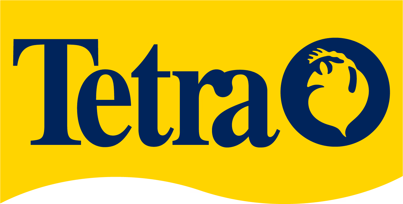 Tetra brand name in blue with a stylized fish head logo on a yellow background.