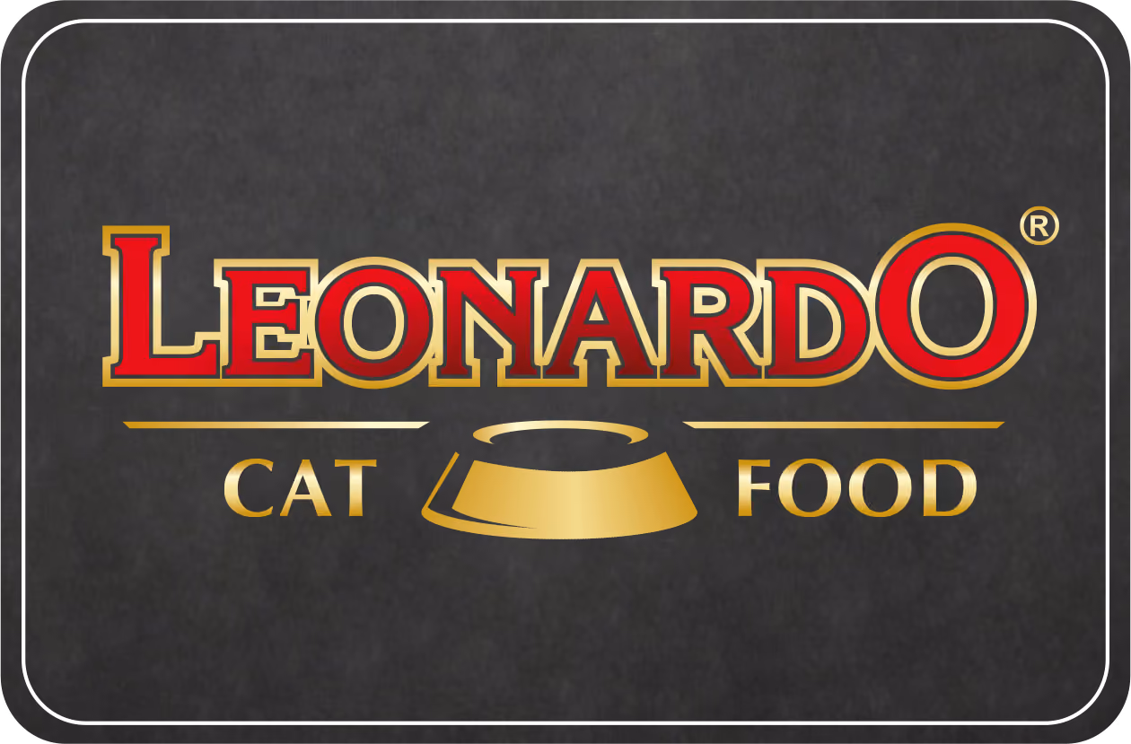 Leonardo cat food logo with red and gold text and a gold cat food bowl icon on dark background.