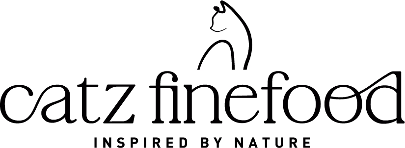 Logo with stylized text 'catz finefood' featuring a minimalist cat outline above the 'f' and intertwined double 'o' in 'food', with the tagline 'INSPIRED BY NATURE' below.