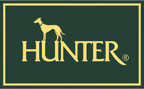 Hunter brand logo with a greyhound dog silhouette above the word HUNTER in gold on a dark green background.