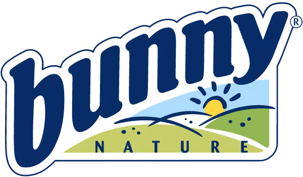 Bunny Nature logo with stylized text and sun rising over green hills.