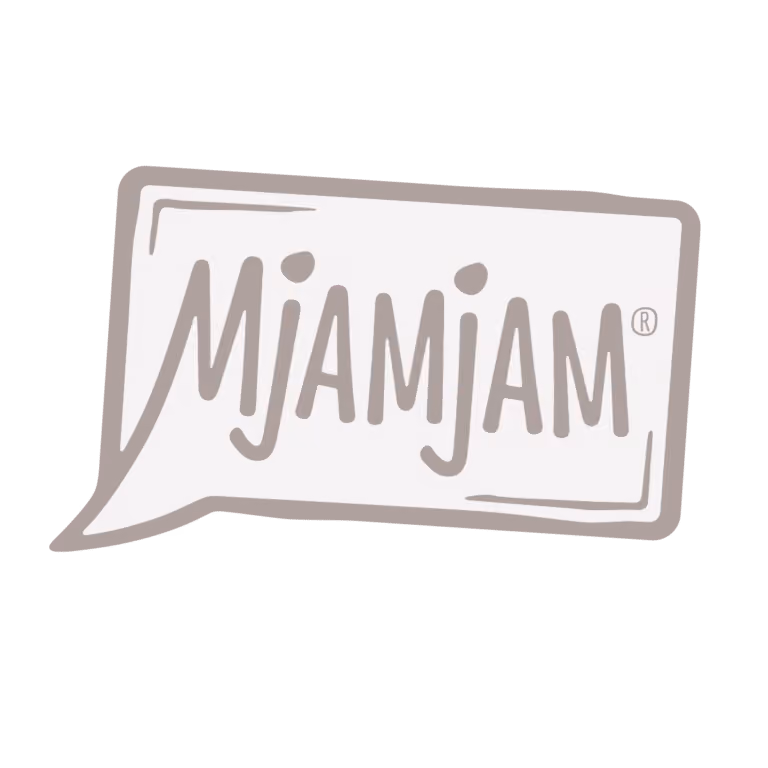 MJAMJAM brand logo in stylized bubble text with a rectangular border.